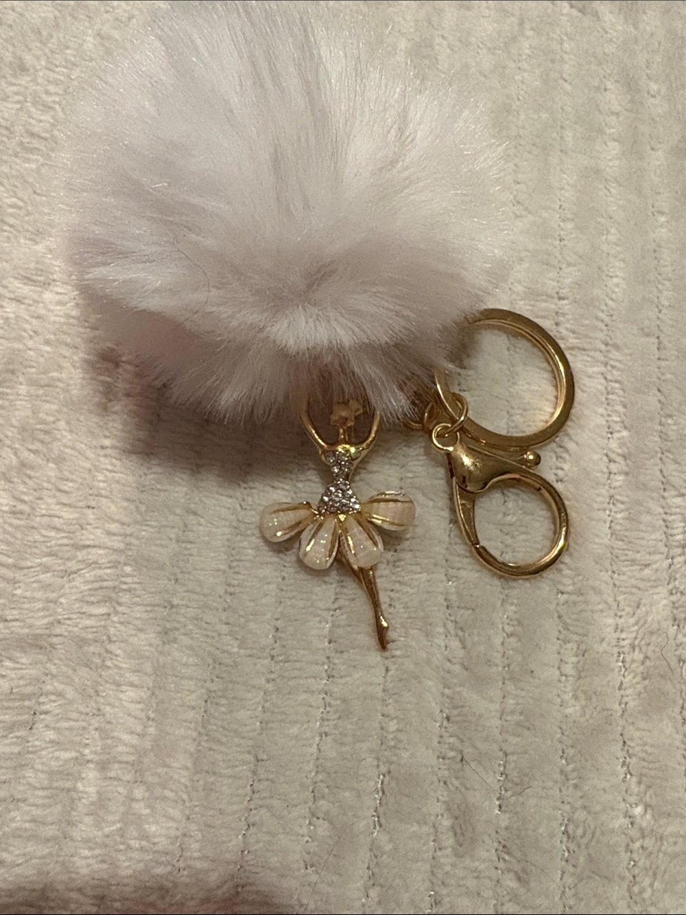 Gold Ballerina Pom Pom Keychain - White Fur